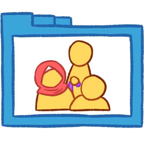 A hollow blue folder with thick lines, containing three busts of emoji yellow people of various heights. The tallest is holding a purple cane and the middle is wearing a pink hijab. 